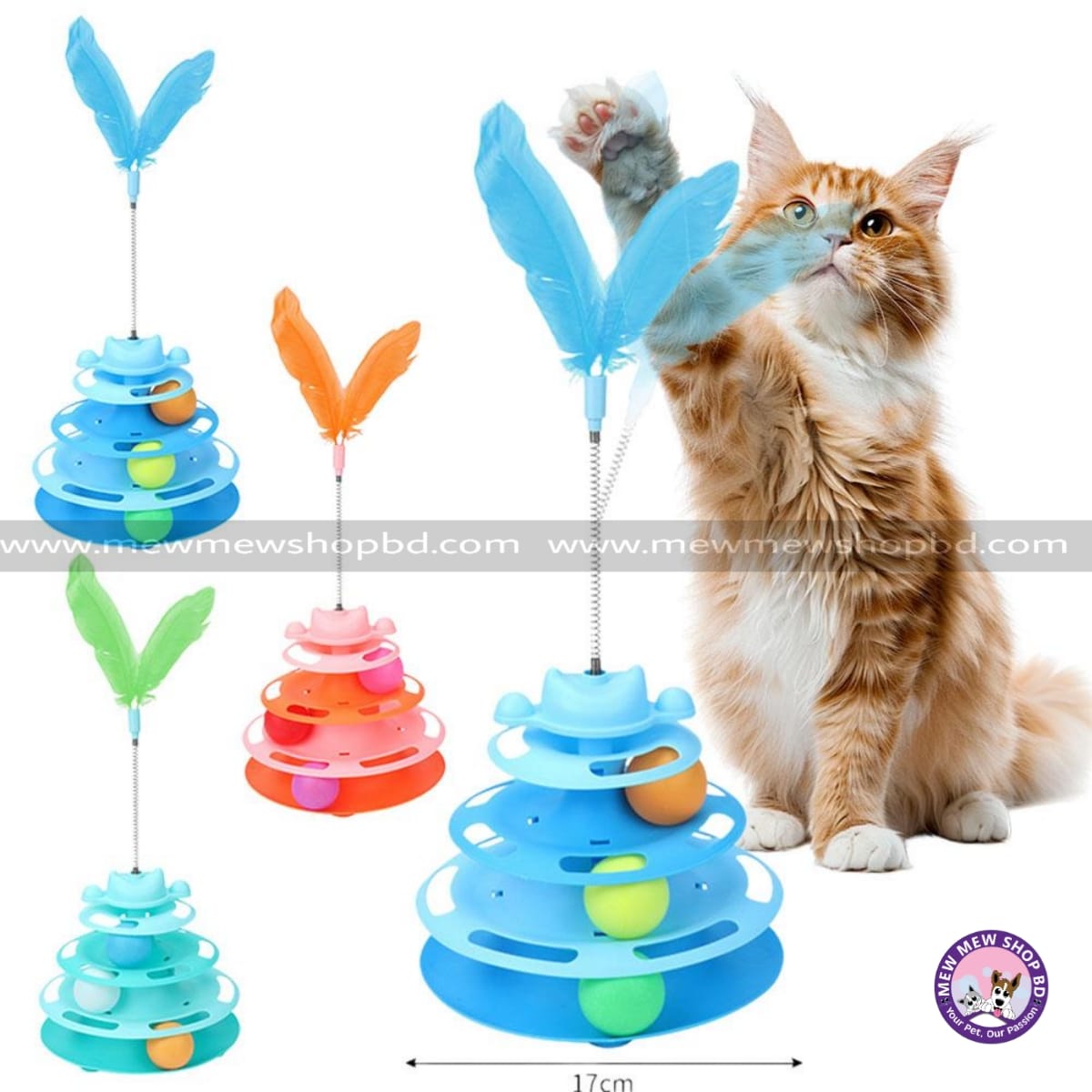 Medium Sized Pet Cat Toy Four-tier Turnable Roller Balls Tower Toy with Feather
