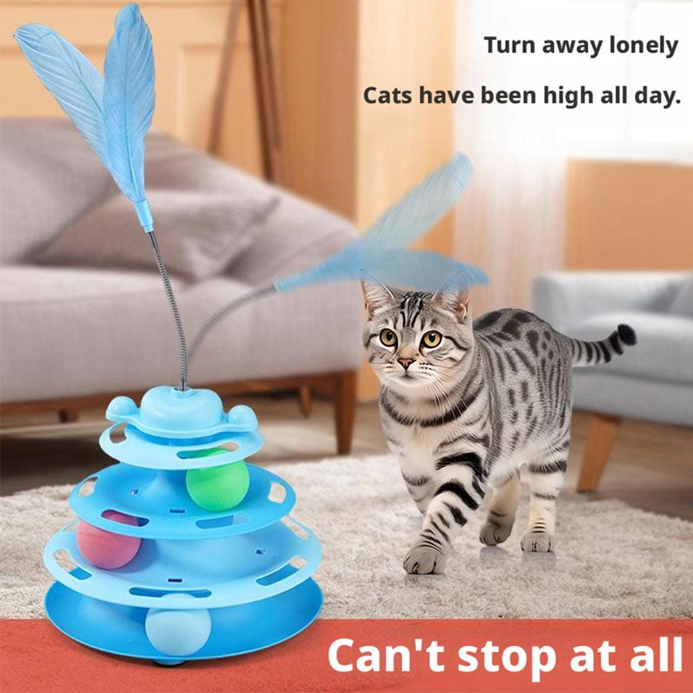 Medium Sized Pet Cat Toy Four-tier Turnable Roller Balls Tower Toy with Feather