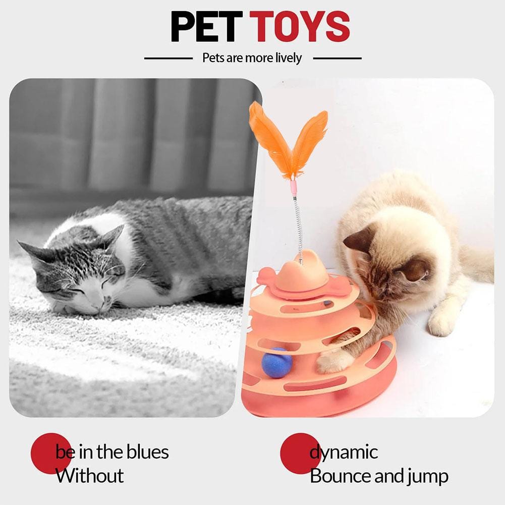 Medium Sized Pet Cat Toy Four-tier Turnable Roller Balls Tower Toy with Feather