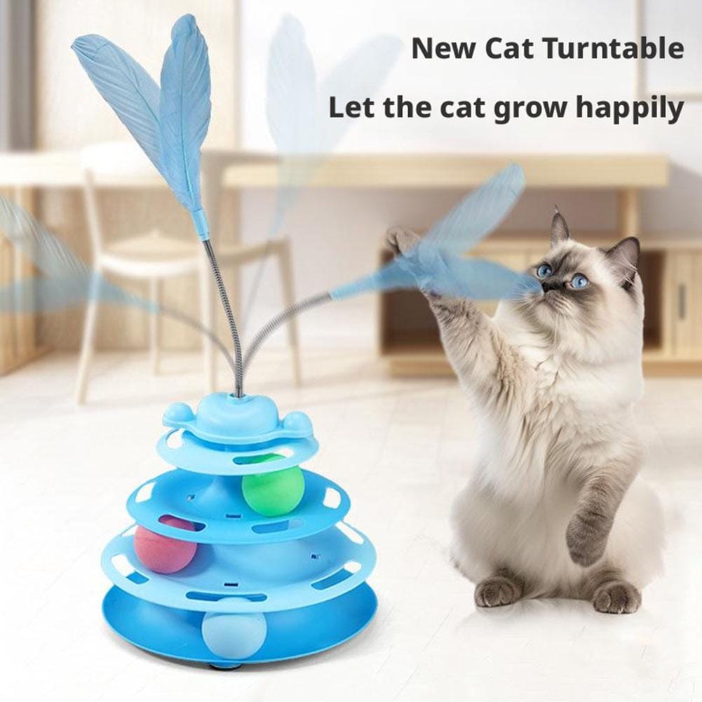 Medium Sized Pet Cat Toy Four-tier Turnable Roller Balls Tower Toy with Feather