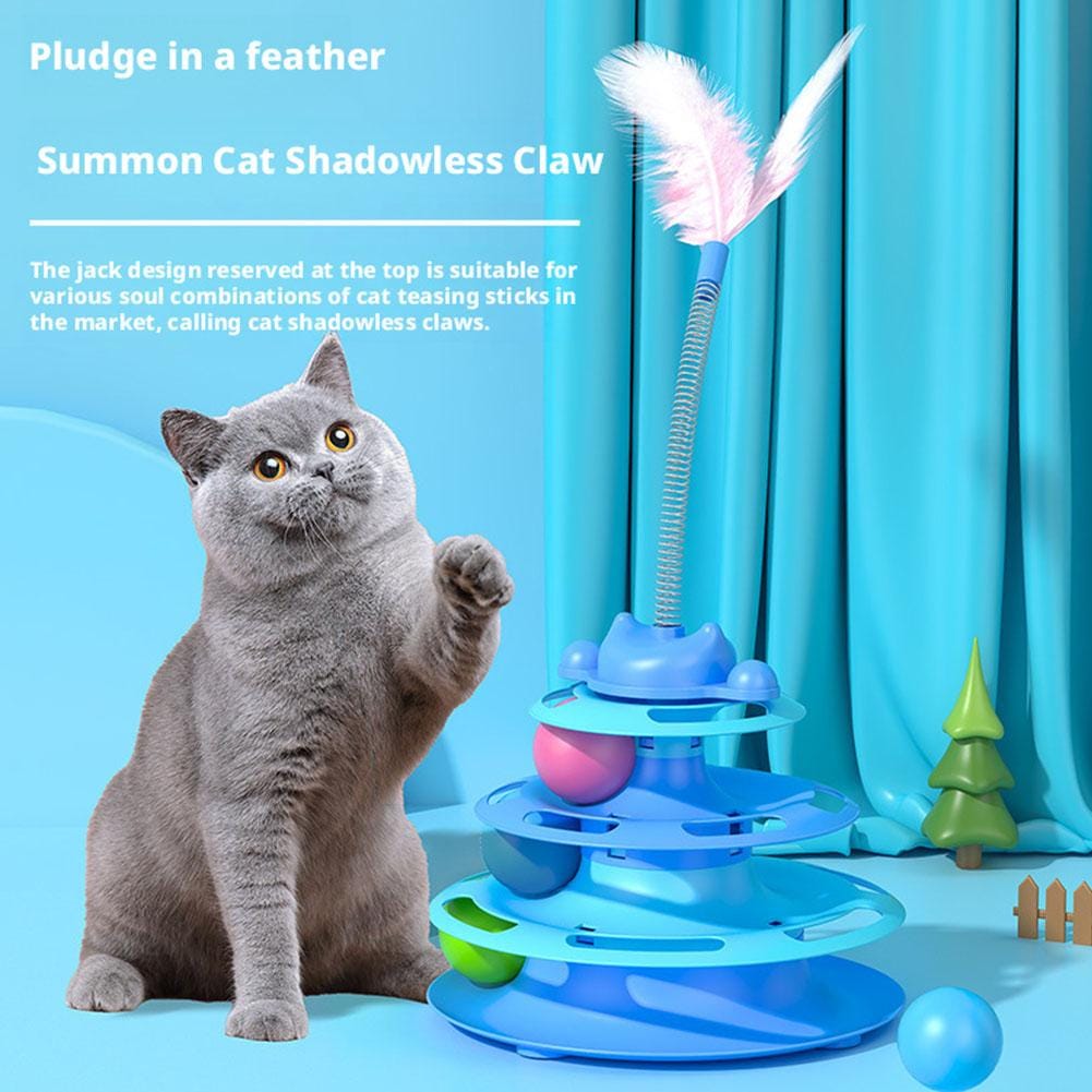 Medium Sized Pet Cat Toy Four-tier Turnable Roller Balls Tower Toy with Feather