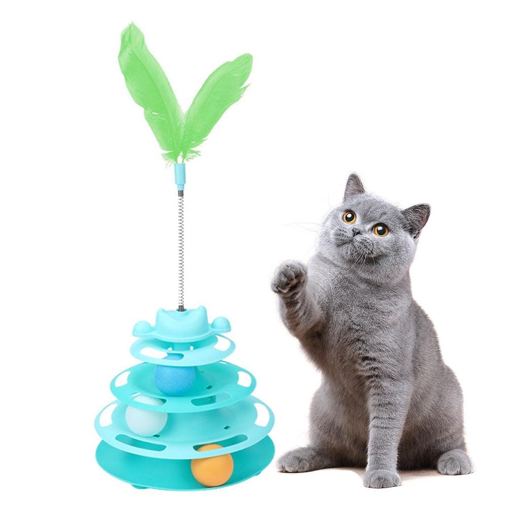 Medium Sized Pet Cat Toy Four-tier Turnable Roller Balls Tower Toy with Feather