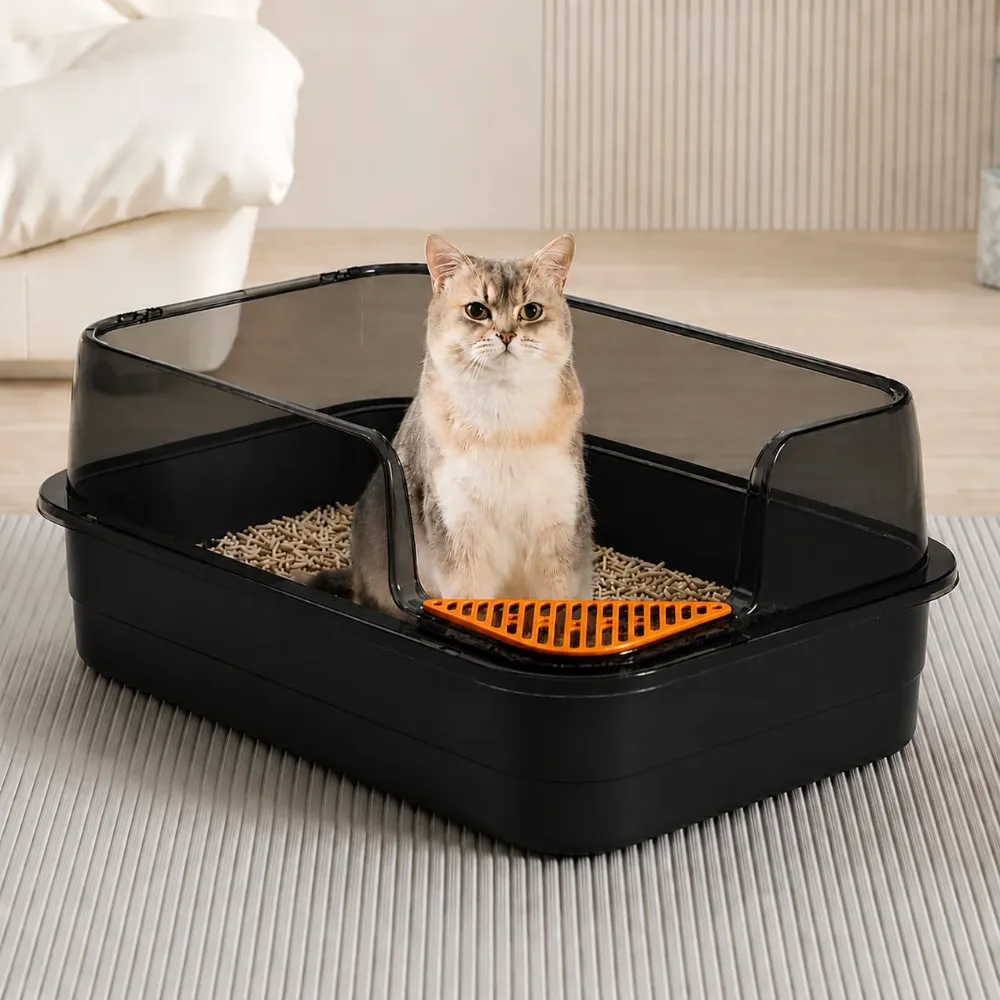 Corner Cut Extra Large Semi-Enclosed Litter Box for Cats