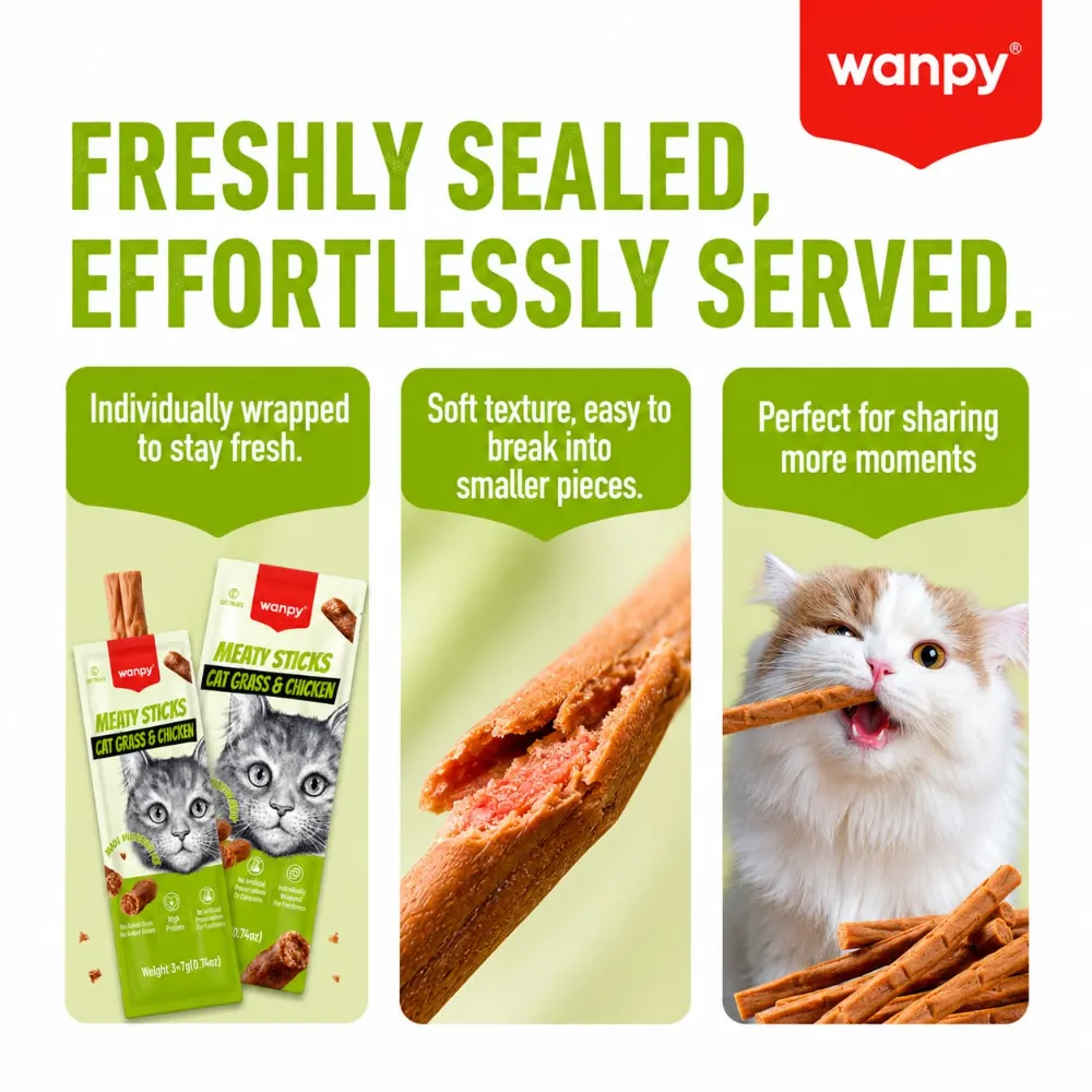 Wanpy Meaty Sticks Cat Treat Cat Grass & Chicken 21gm
