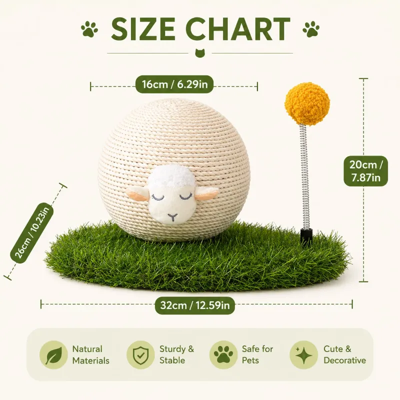 Adorable Cream Colour Lamb Design Cat Scratcher Ball With  Spring Toy Ball