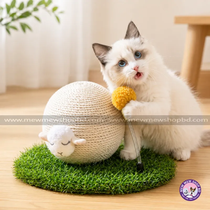 Adorable Cream Colour Lamb Design Cat Scratcher Ball With  Spring Toy Ball