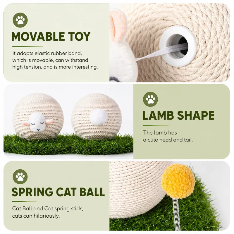 Adorable Cream Colour Lamb Design Cat Scratcher Ball With  Spring Toy Ball