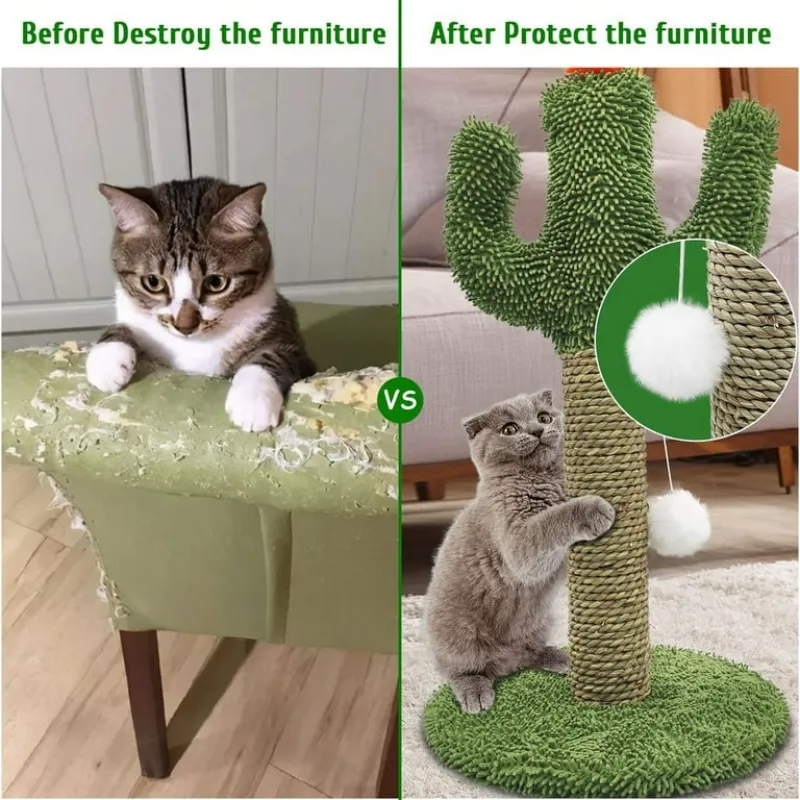 Cactus Shaped Indoor Single Cat Scratcher with Solid Wood Base Scratching Post Tree with Ball Toys