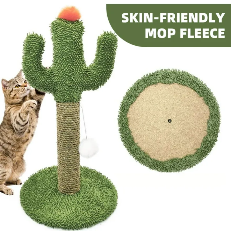 Cactus Shaped Indoor Single Cat Scratcher with Solid Wood Base Scratching Post Tree with Ball Toys