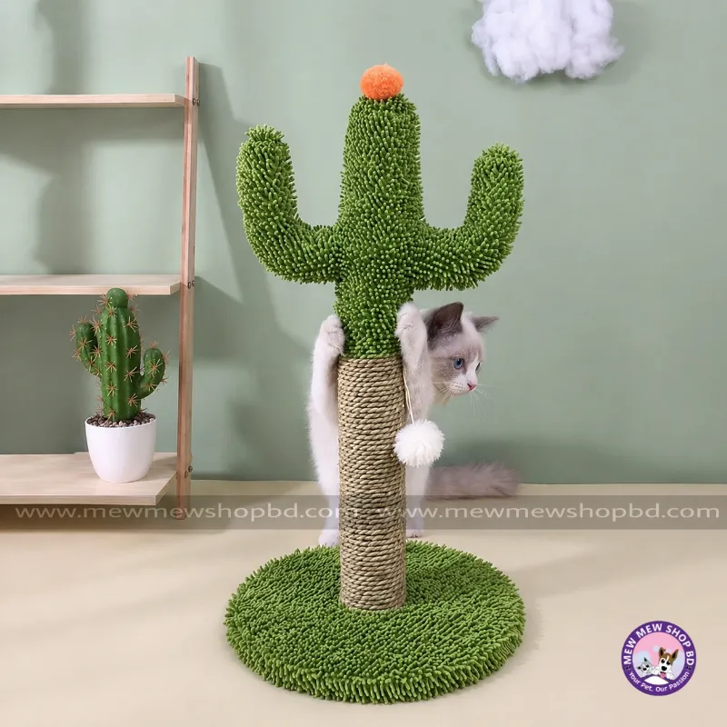 Cactus Shaped Indoor Single Cat Scratcher with Solid Wood Base Scratching Post Tree with Ball Toys