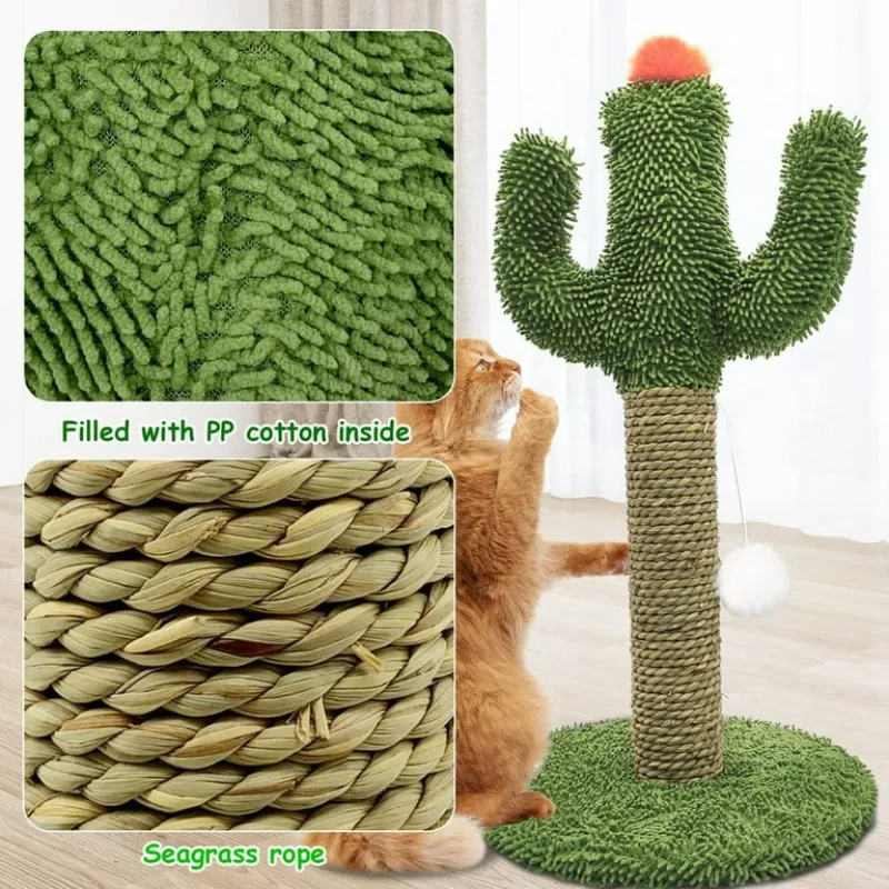 Cactus Shaped Indoor Single Cat Scratcher with Solid Wood Base Scratching Post Tree with Ball Toys