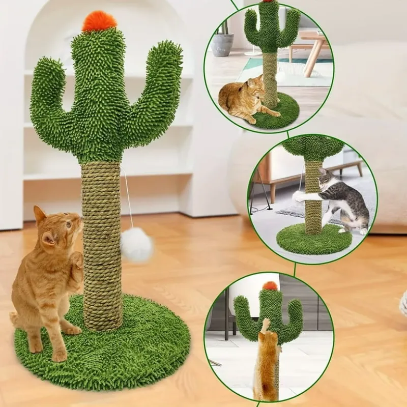 Cactus Shaped Indoor Single Cat Scratcher with Solid Wood Base Scratching Post Tree with Ball Toys