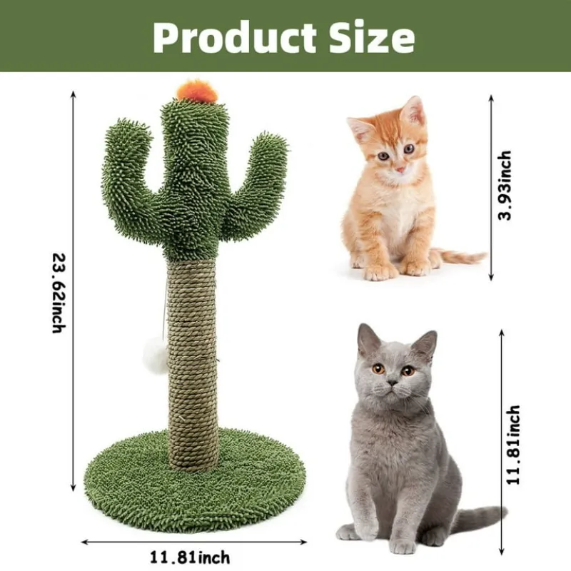 Cactus Shaped Indoor Single Cat Scratcher with Solid Wood Base Scratching Post Tree with Ball Toys