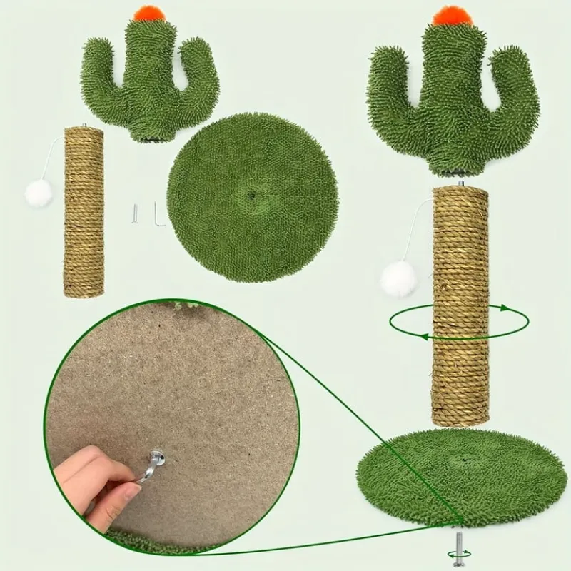 Cactus Shaped Indoor Single Cat Scratcher with Solid Wood Base Scratching Post Tree with Ball Toys