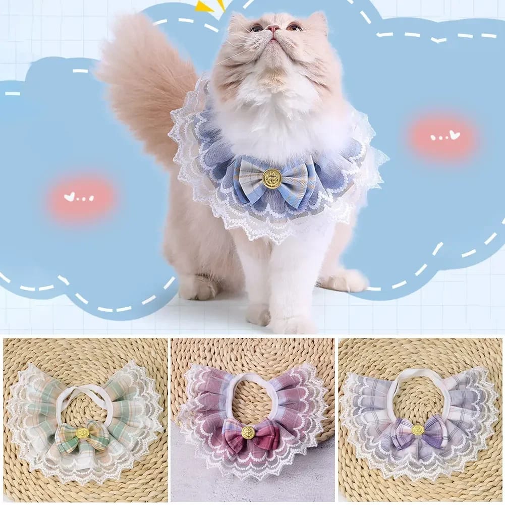 Fashionable Plaid Lace Scarf Bow Collar for Pet Cat & Puppy
