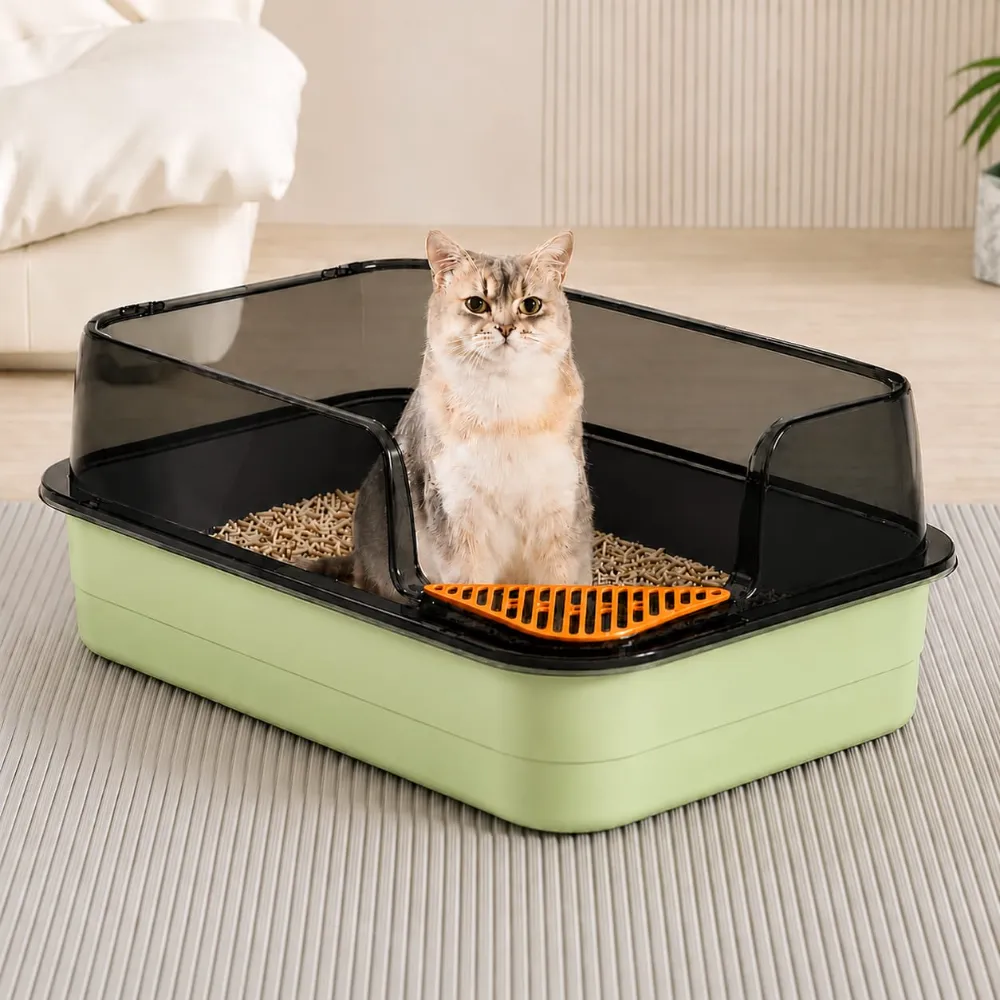 Corner Cut Extra Large Semi-Enclosed Litter Box for Cats