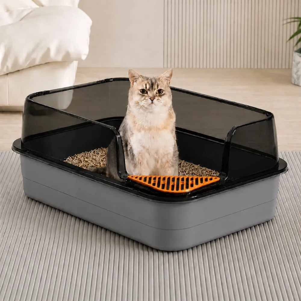 Corner Cut Extra Large Semi-Enclosed Litter Box for Cats