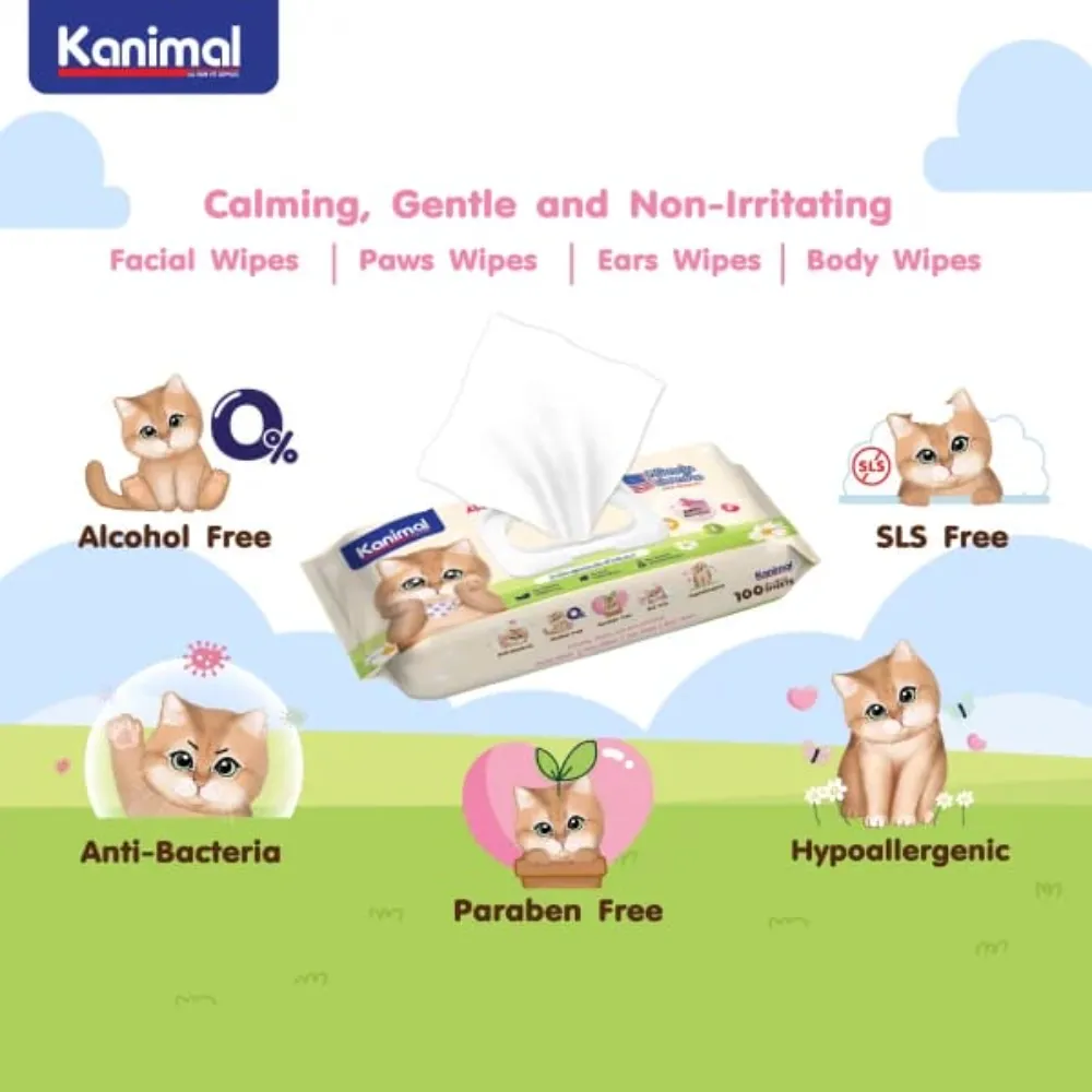 Kanimal Anti-Bacterial All-in-One Cat Wipes Baby Powder Scented (100 Sheets)