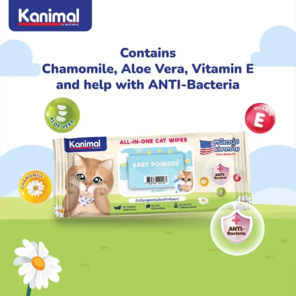 Kanimal Anti-Bacterial All-in-One Cat Wipes Baby Powder Scented (100 Sheets)