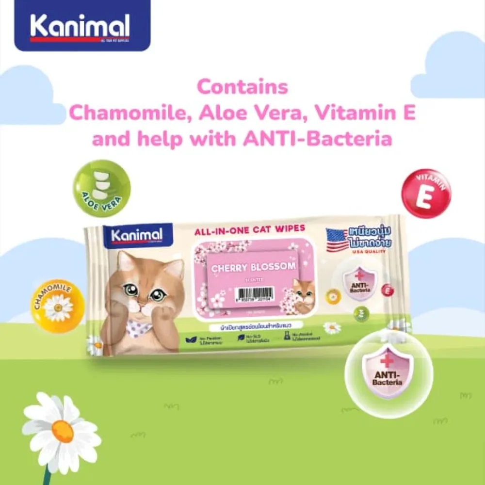 Kanimal Anti-Bacterial All-in-One Cat Wipes Cherry Blossom Scented (100 Sheets)