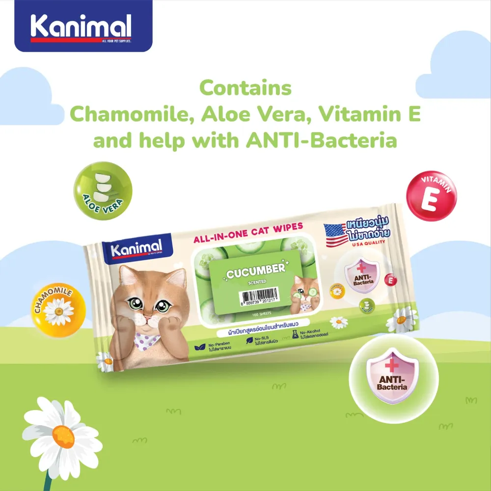 Kanimal Anti-Bacterial All-in-One Cat Wipes Cucumber Scented (100 Sheets)
