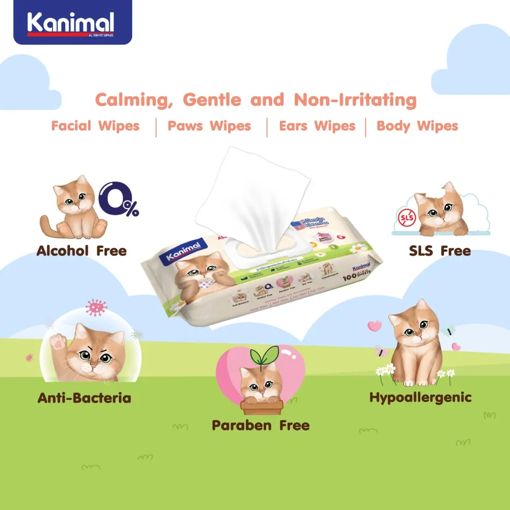 Kanimal Anti-Bacterial All-in-One Cat Wipes Peach & Honey Scented (100 Sheets)