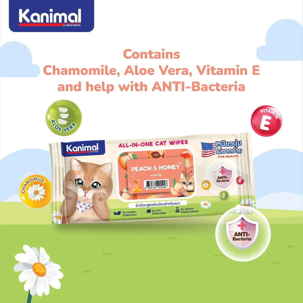 Kanimal Anti-Bacterial All-in-One Cat Wipes Peach & Honey Scented (100 Sheets)