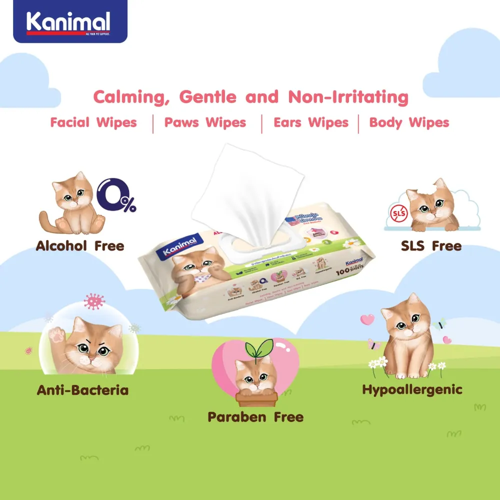 Kanimal Anti-Bacterial All-in-One Cat Wipes Peony Scented (100 Sheets)