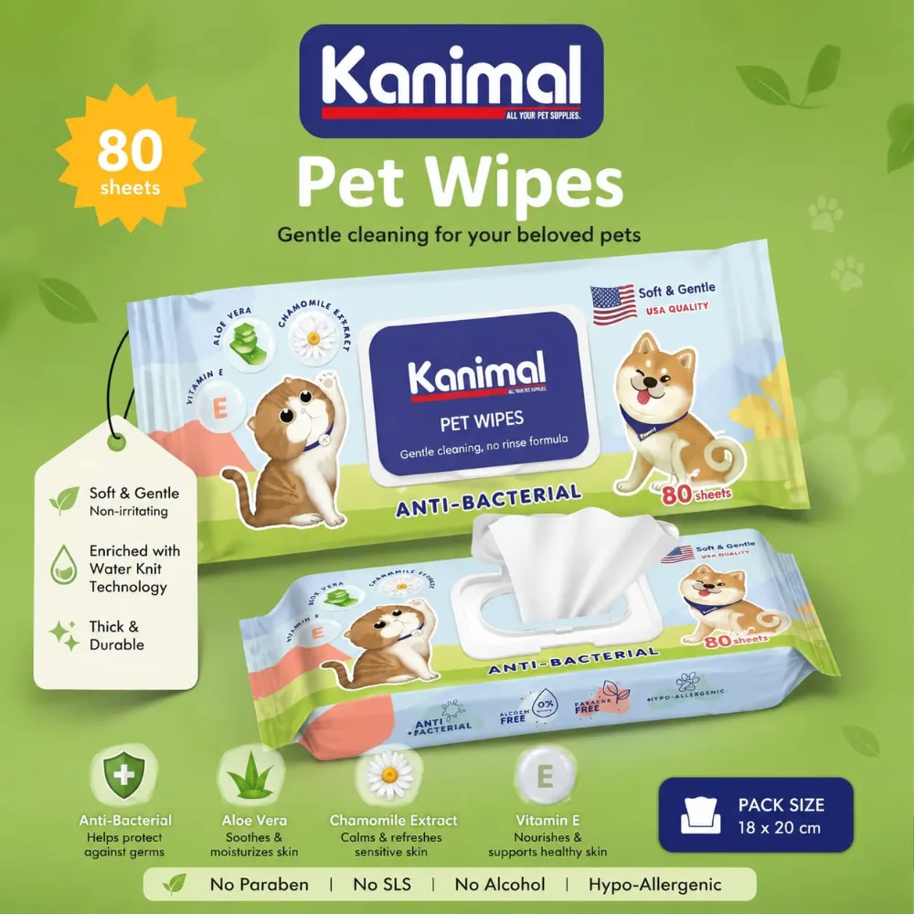 Kanimal Anti-Bacterial All-in-One Pet Wipes for Dog & Cats (80 Sheets)