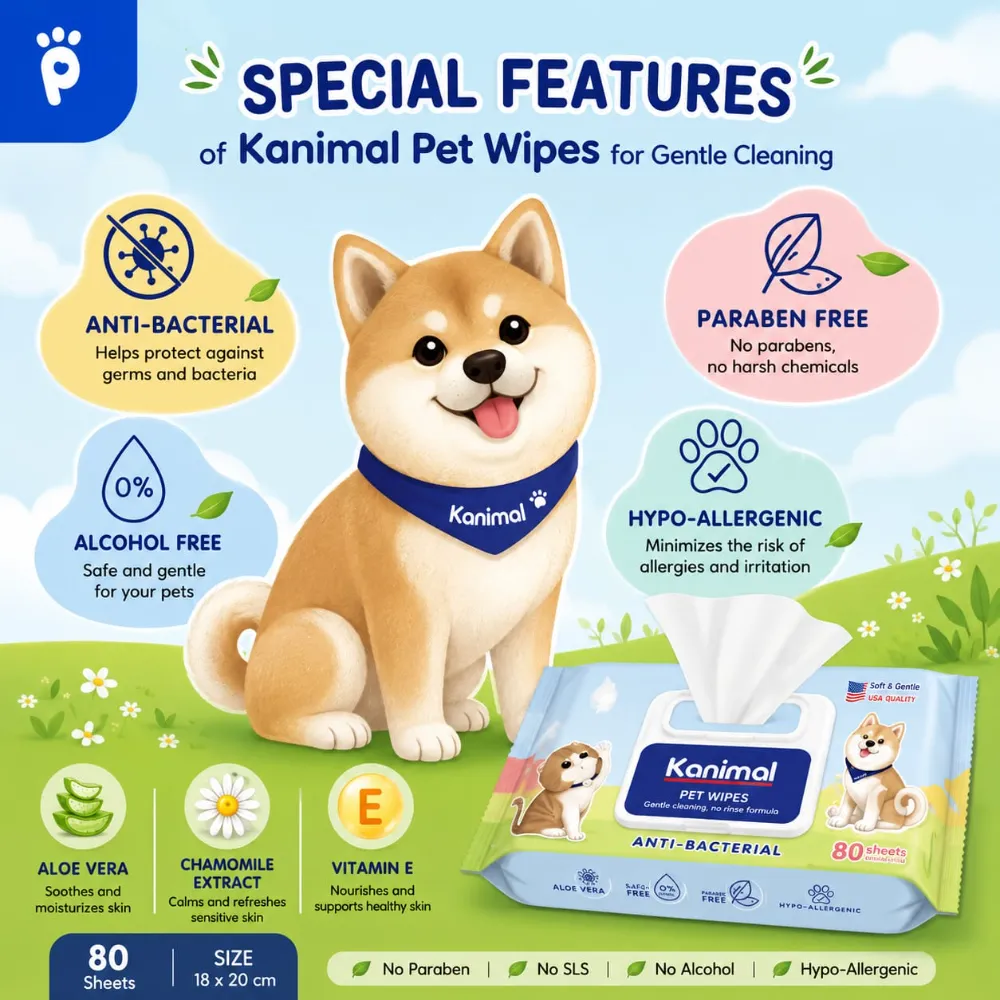 Kanimal Anti-Bacterial All-in-One Pet Wipes for Dog & Cats (80 Sheets)