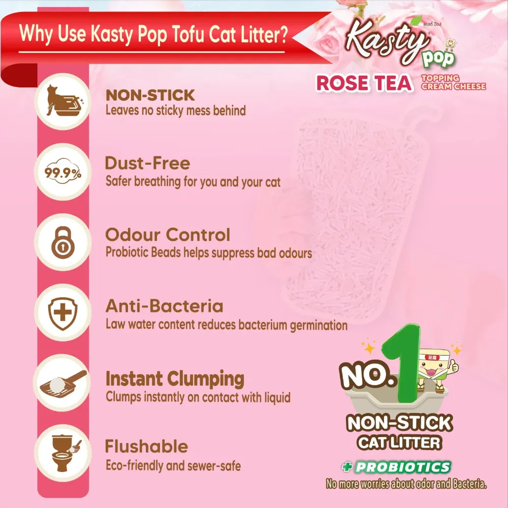 Kasty Pop Tofu Cat Litter Rose Tea Topping Cream Cheese Flavor 6L