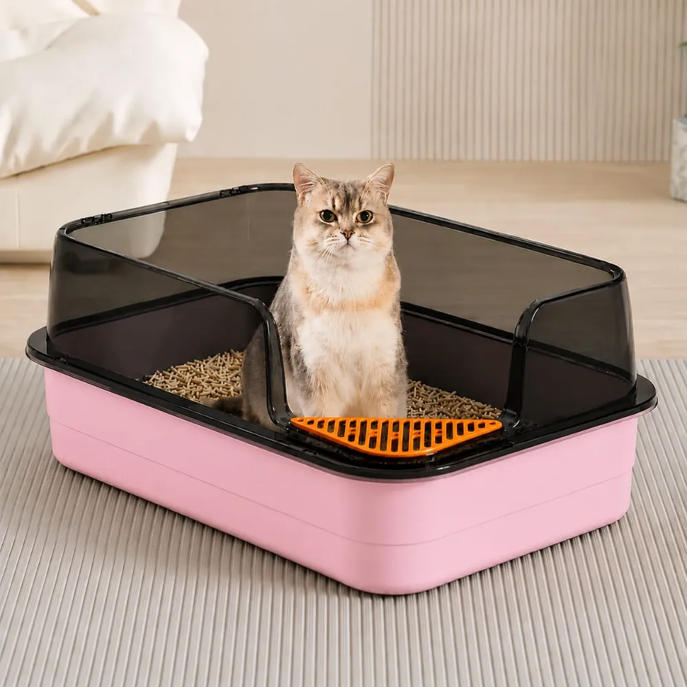 Corner Cut Extra Large Semi-Enclosed Litter Box for Cats