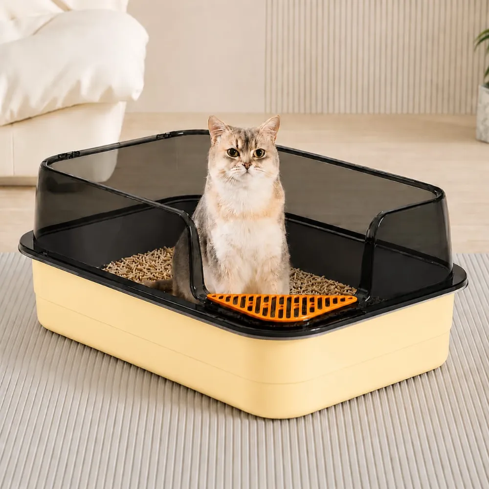 Corner Cut Extra Large Semi-Enclosed Litter Box for Cats