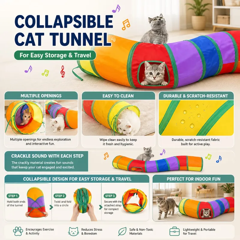 Round Shape Collapsible / Foldable  Pet Cat Rainbow Colored Tunnel Toy for Indoor Playing