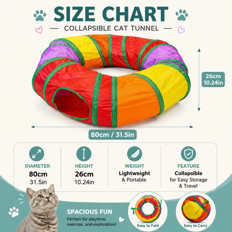 Round Shape Collapsible / Foldable  Pet Cat Rainbow Colored Tunnel Toy for Indoor Playing