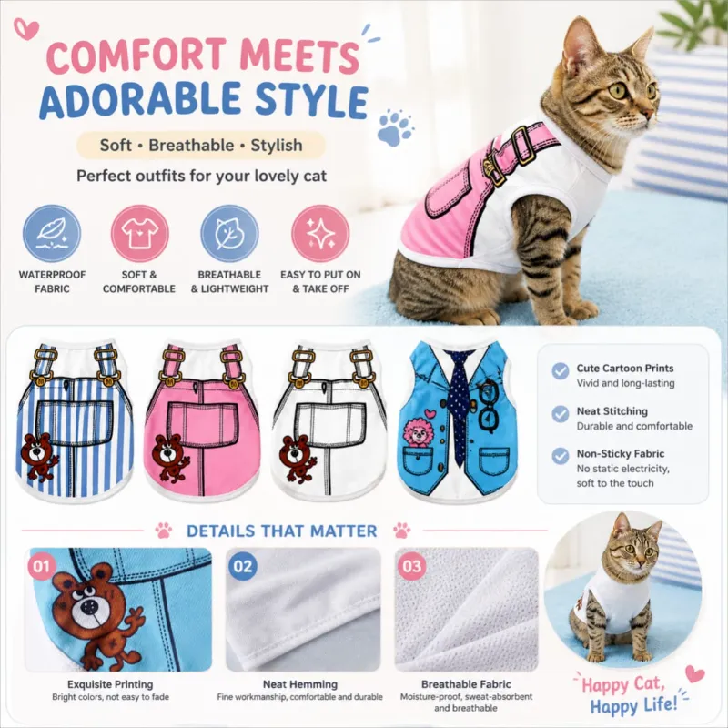Teddy Design Soft Fabric Pet Cat Sleeveless Dress / Tshirt for Summer & Easy to Wear ( No Exchange)
