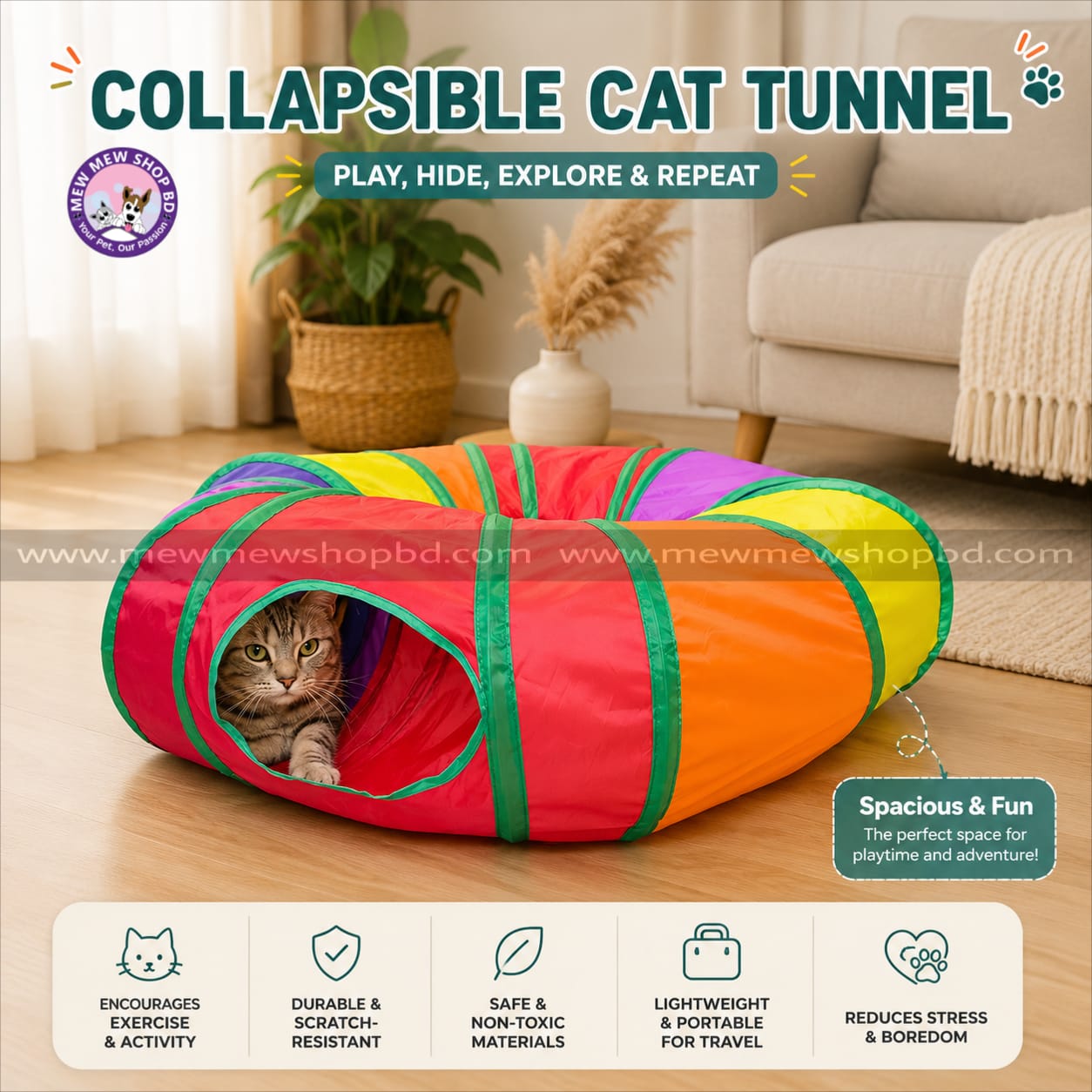 Round Shape Collapsible / Foldable  Pet Cat Rainbow Colored Tunnel Toy for Indoor Playing