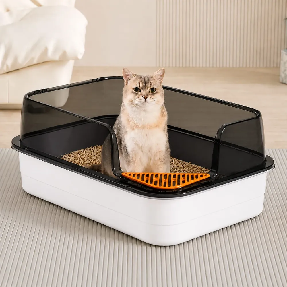 Corner Cut Extra Large Semi-Enclosed Litter Box for Cats
