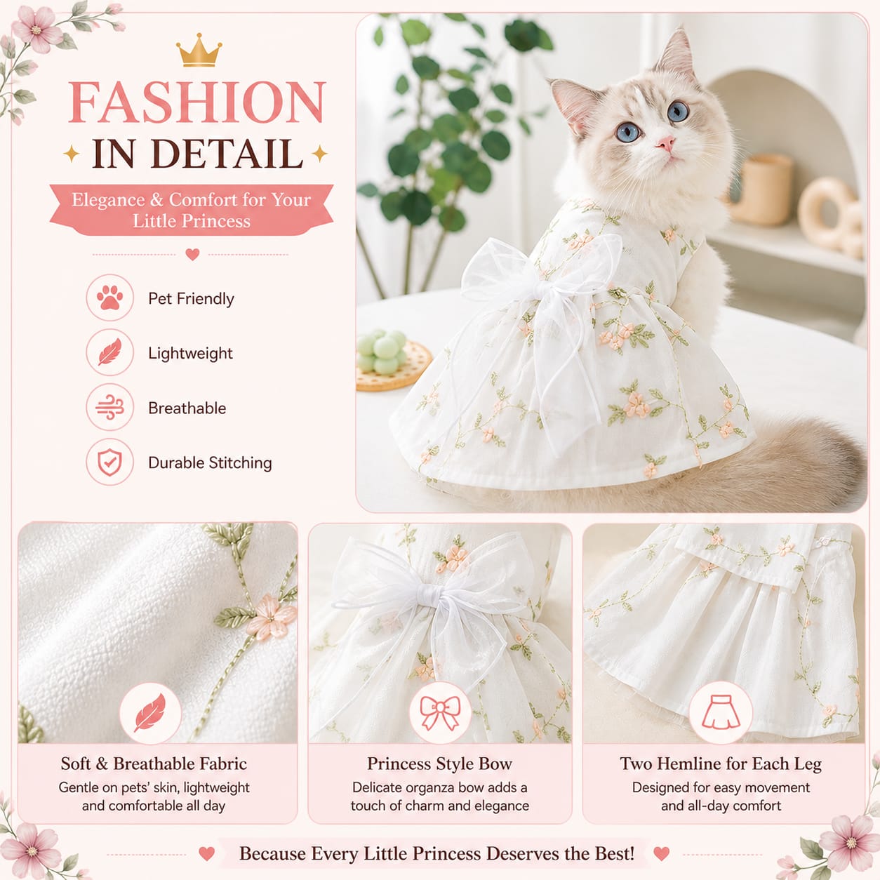 White Floral Princess Design Frock Dress for Pet Cat & Puppy with Buttons ( No Exchange)