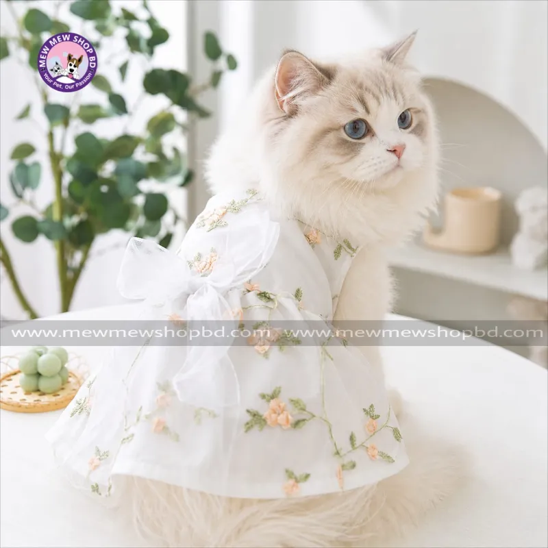 White Floral Princess Design Frock Dress for Pet Cat & Puppy with Buttons ( No Exchange)