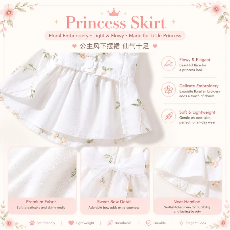 White Floral Princess Design Frock Dress for Pet Cat & Puppy with Buttons ( No Exchange)