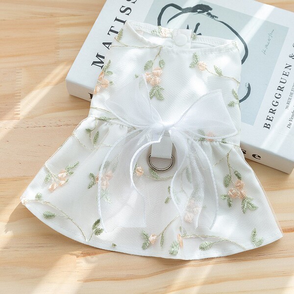 White Floral Princess Design Frock Dress for Pet Cat & Puppy with Buttons ( No Exchange)