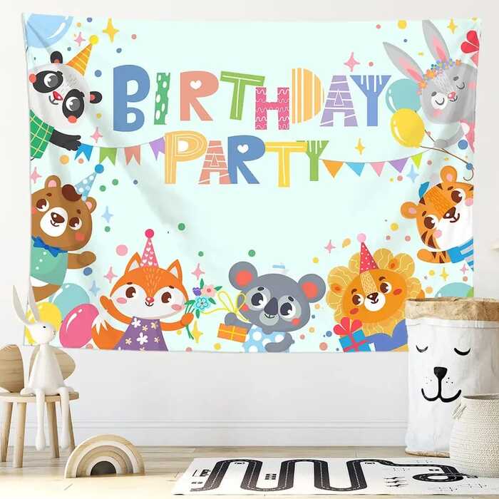 Pet Cat & Puppy Happy Birthday Tapestry Photo Background Cloth including Hanging Clips for Party Decoration Background Wall
