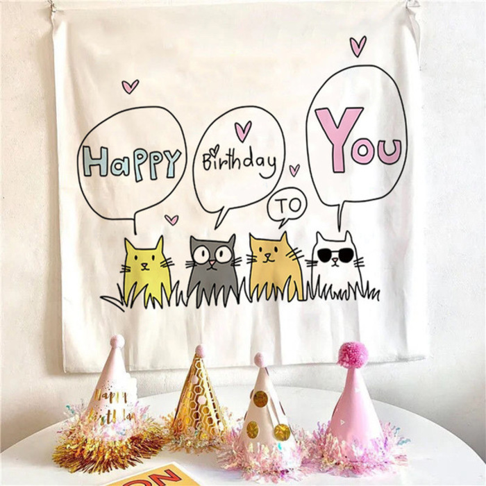Pet Cat & Puppy Happy Birthday Tapestry Photo Background Cloth including Hanging Clips for Party Decoration Background Wall