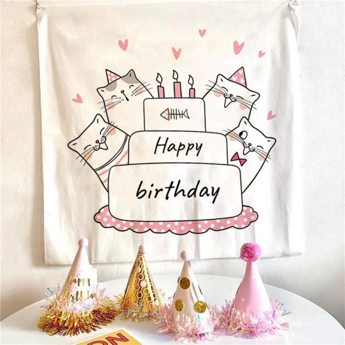 Pet Cat & Puppy Happy Birthday Tapestry Photo Background Cloth including Hanging Clips for Party Decoration Background Wall
