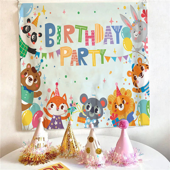 Pet Cat & Puppy Happy Birthday Tapestry Photo Background Cloth including Hanging Clips for Party Decoration Background Wall