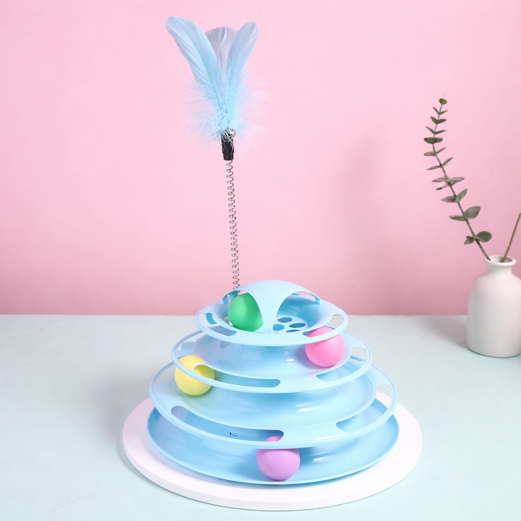 Cat Tower Tracks Ball Pet Toys with Spring Feather with 4 Moveable Balls