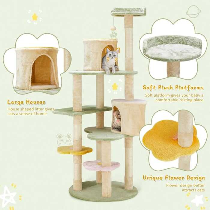 Erinnyees Flower Cat Tree Tower/ Scratching Post, Heavy Duty Anti-Scratch Cats Furniture, Multi-Level Cat Activity Center