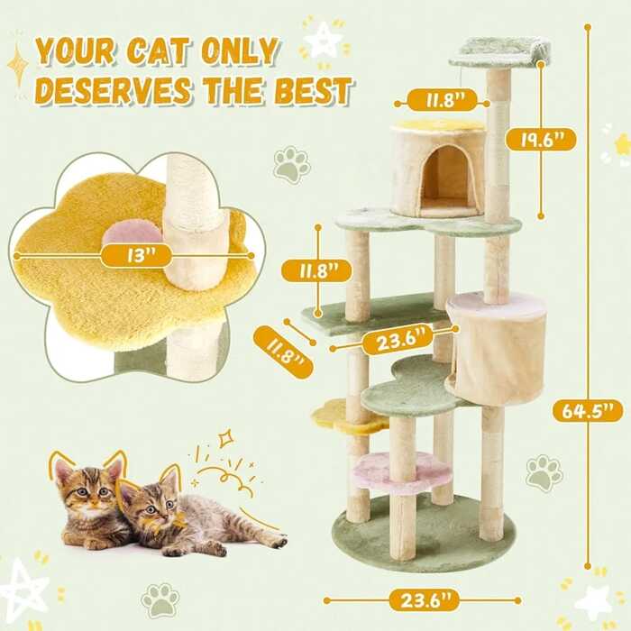Erinnyees Flower Cat Tree Tower/ Scratching Post, Heavy Duty Anti-Scratch Cats Furniture, Multi-Level Cat Activity Center