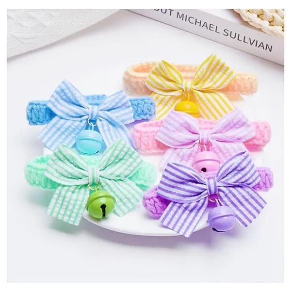 Crochet Bow Bell Adjustable Collar with Buttons for Pet Cat & Puppy